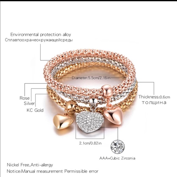 Heart Charm Bracelet bangles Set 3/pcs set - Picture 5 of 5